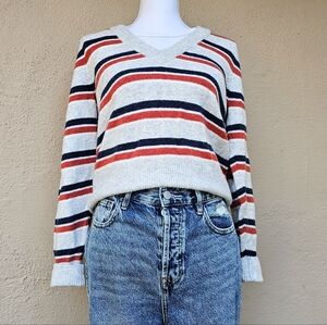 Madewell Ultra Soft Wool Red & Blue Striped Grey Knit Sweater Size Small